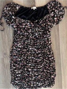 Ultra Flirt Black Floral Ruched Minidress